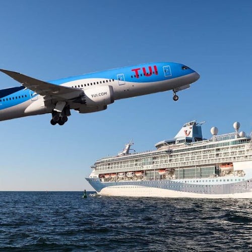 TUI airplane flying over an ocean cruise ship, symbolising cruise and fly holiday packages.